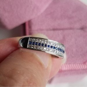 Swarovski Elements 925 Sterling Silver Blue Sapphire Skinny Band Ring NEW